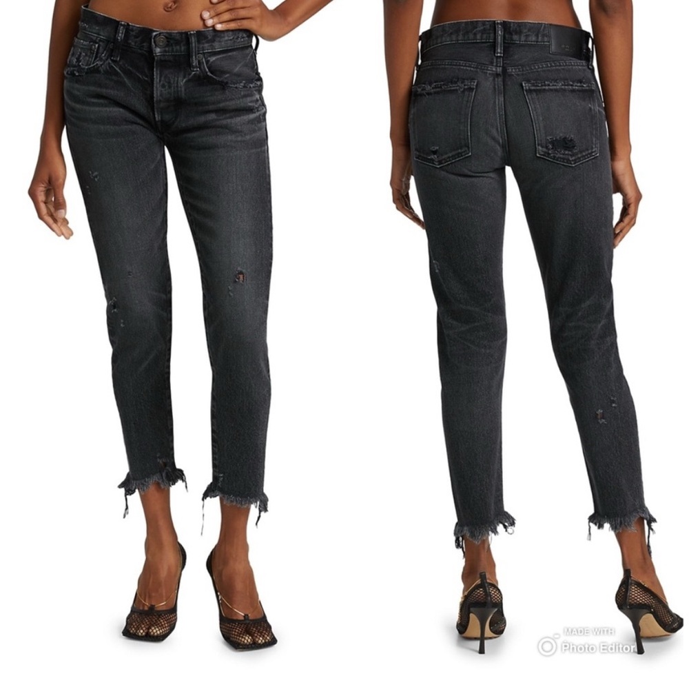 Moussy Vintage Keller Distressed Tapered Jeans in‎ Black With Button Fly Size 26